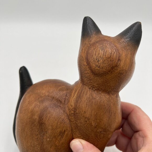Siamese wood wooden carved cat kitten tail up sitting folk art handmade - Picture 7 of 12